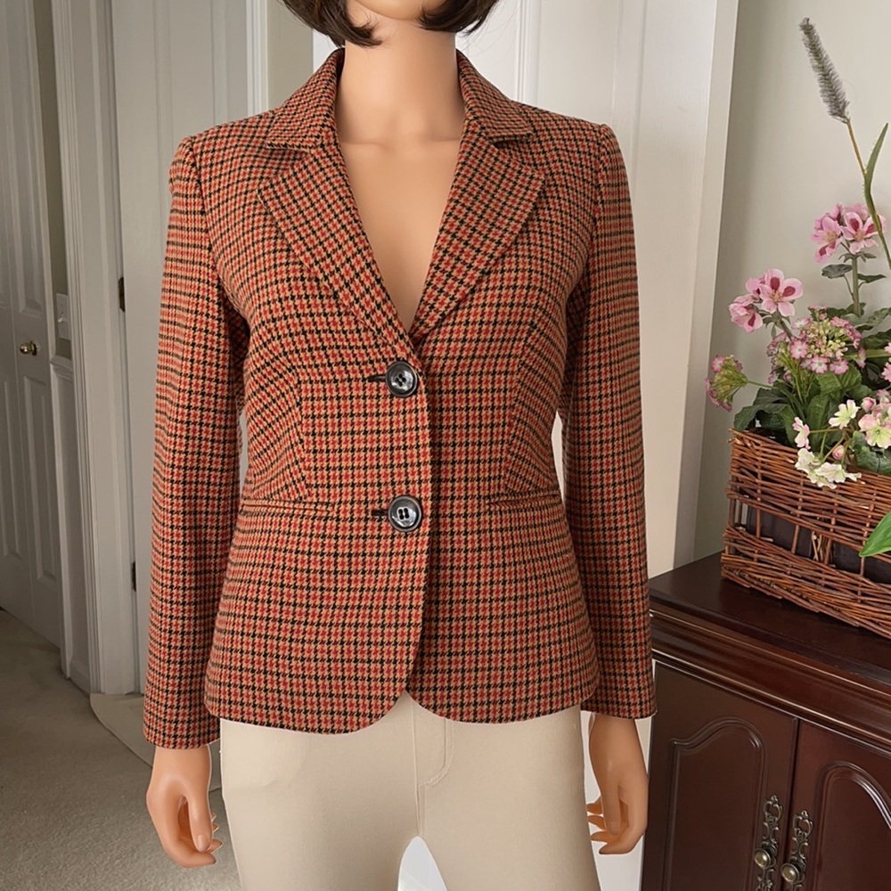 Talbots Houndstooth Plaid Wool Blend Blazer Tailored Classic Peplum Back - Picture 2 of 11